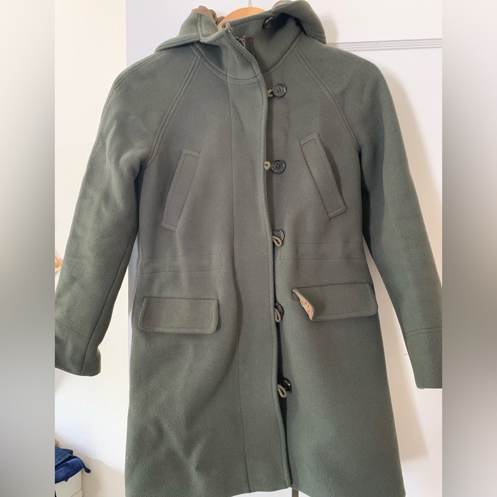 J. Crew Stadium Cloth olive green wool tab button coat OP